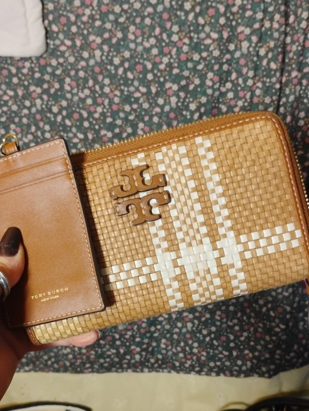 Tory Burch Tan and White Woven Zip Wallet And Card Holder On A Chain